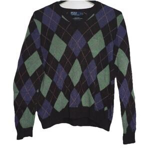 Polo Ralph Lauren Sweater Adult Extra Large V Neck Argyle Cotton Cashmere VTG